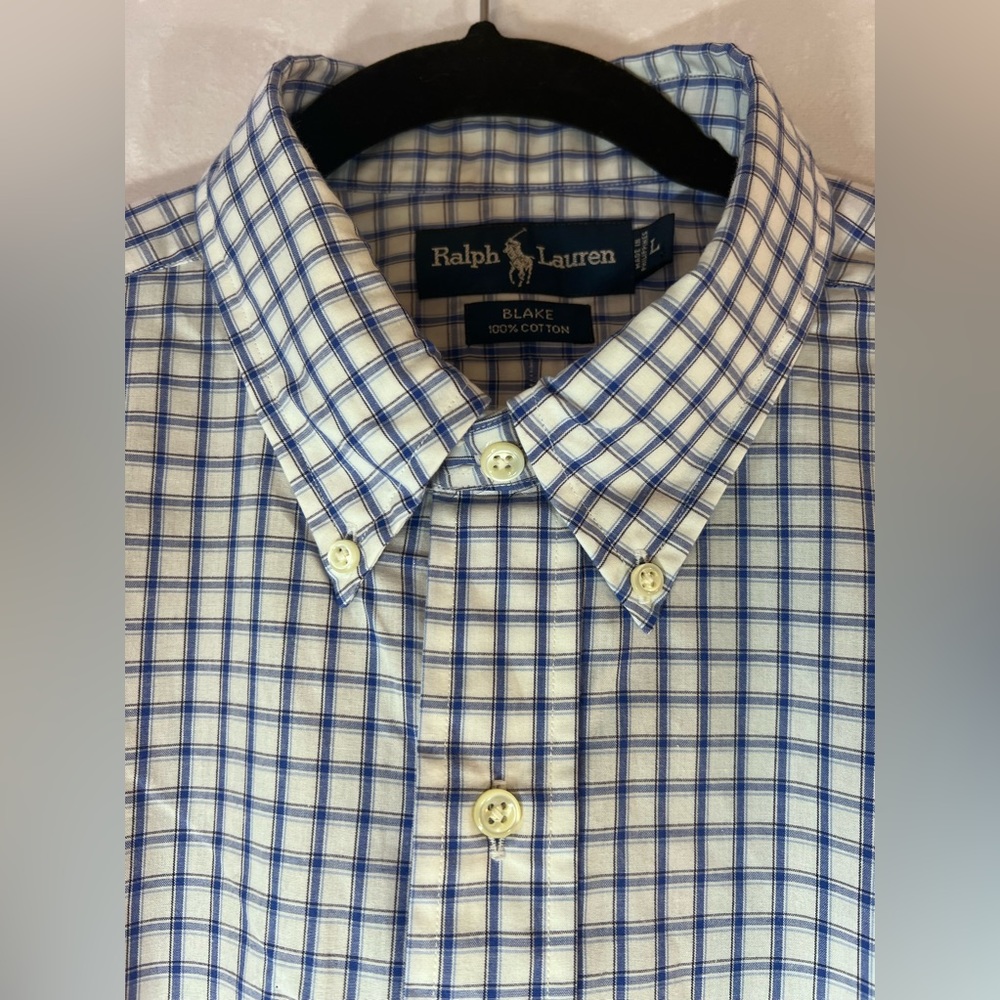 RALPH LAUREN Blake 100% Cotton Blue White Checkered Gingham Men’s Short Sleeve L